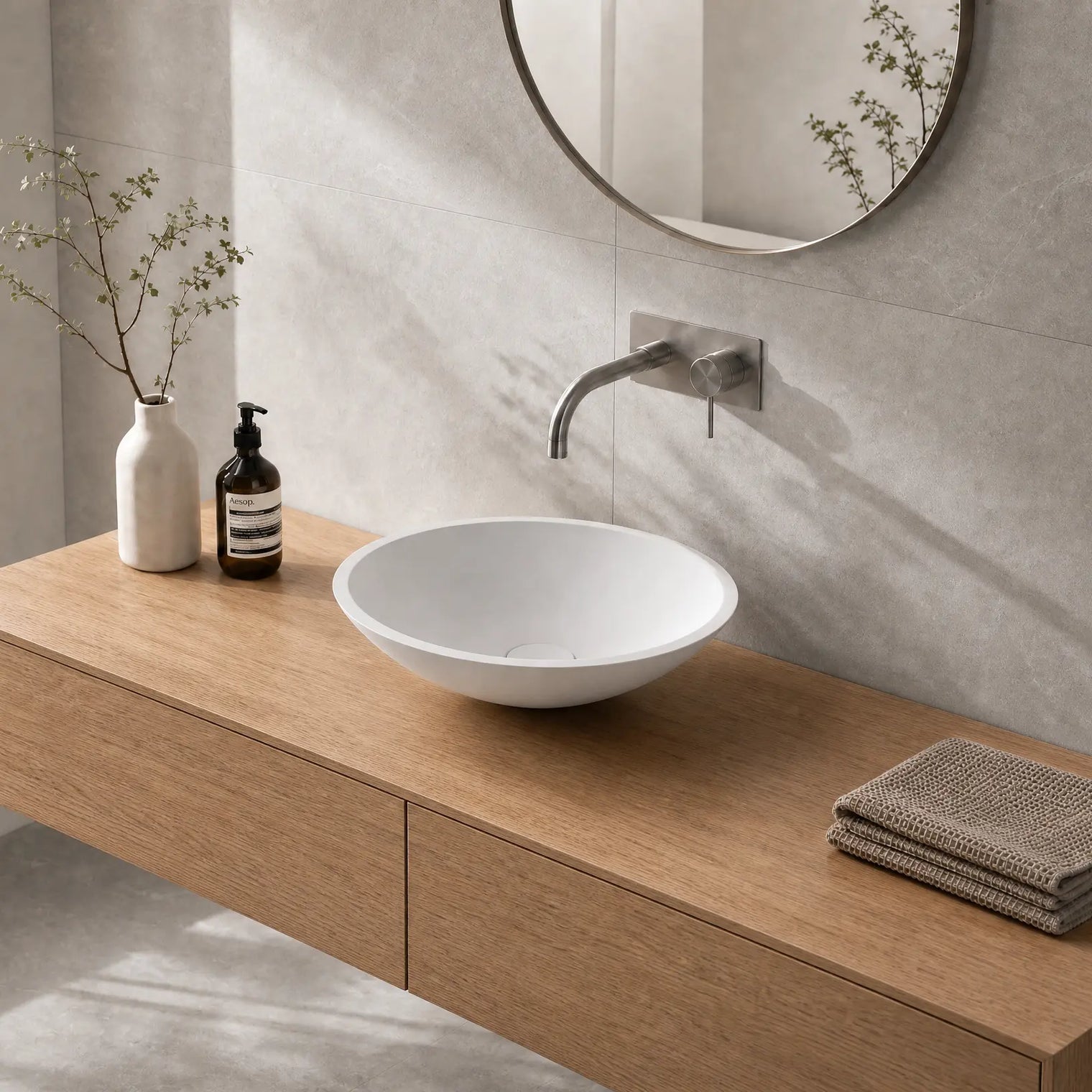 Bathroom vanity with wooden cabinet, white sink, and decorative items.