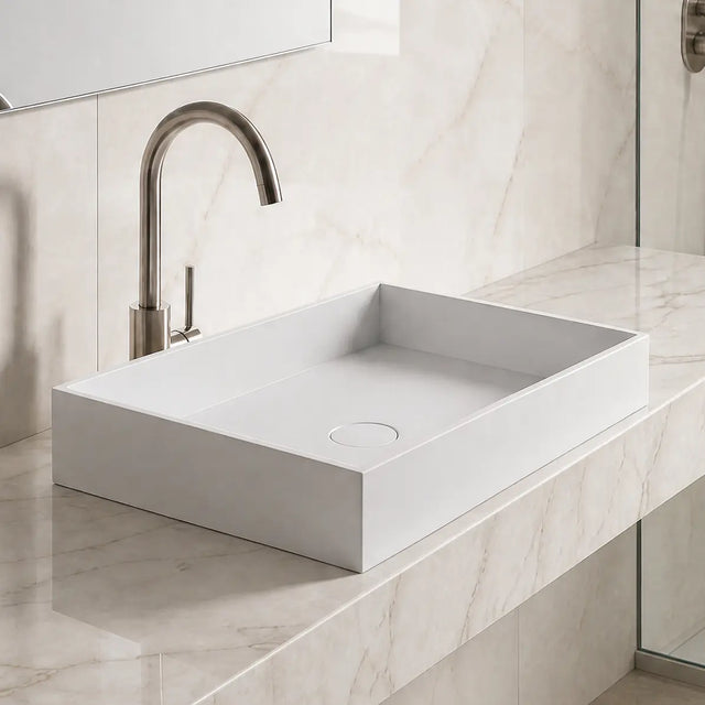 Modern bathroom with marble vanity and solid surfaces basin