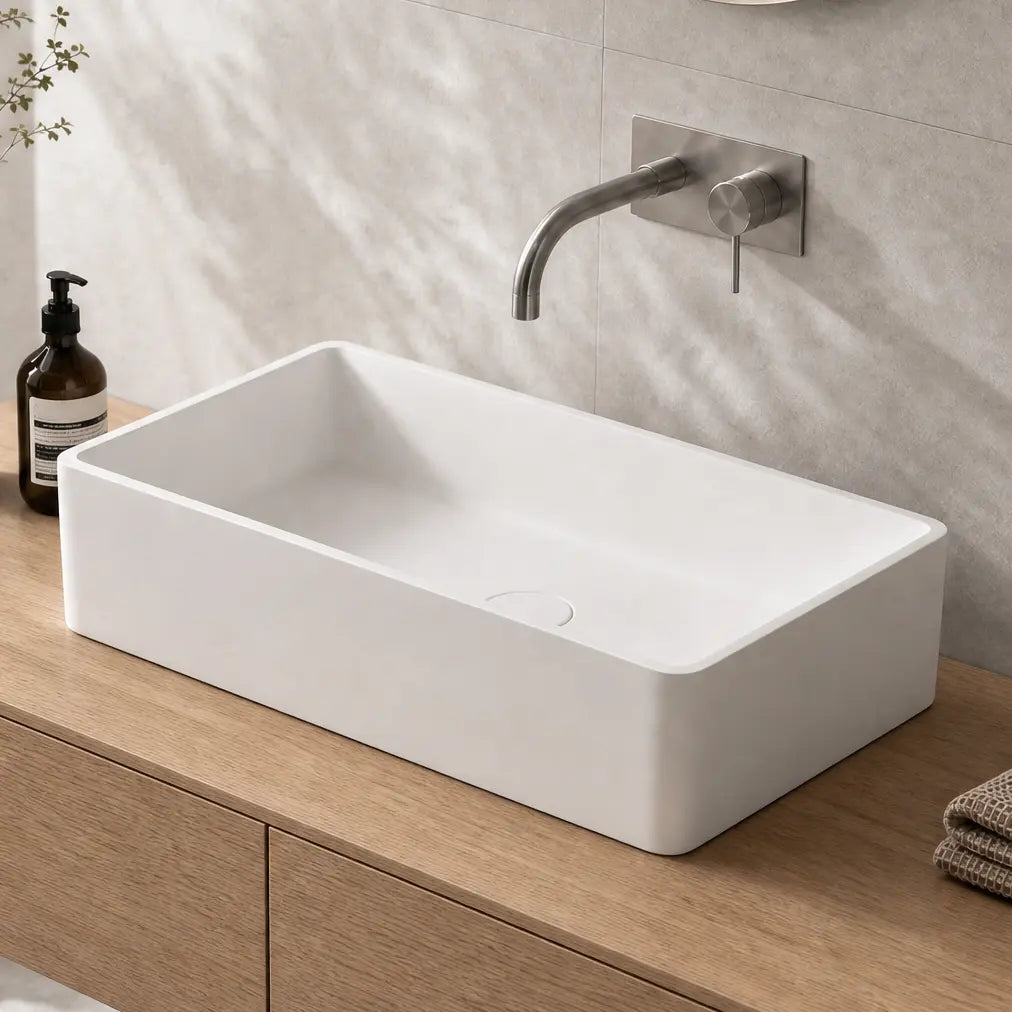 Bathroom vanity with white sink, wooden cabinet, and decorative elements.