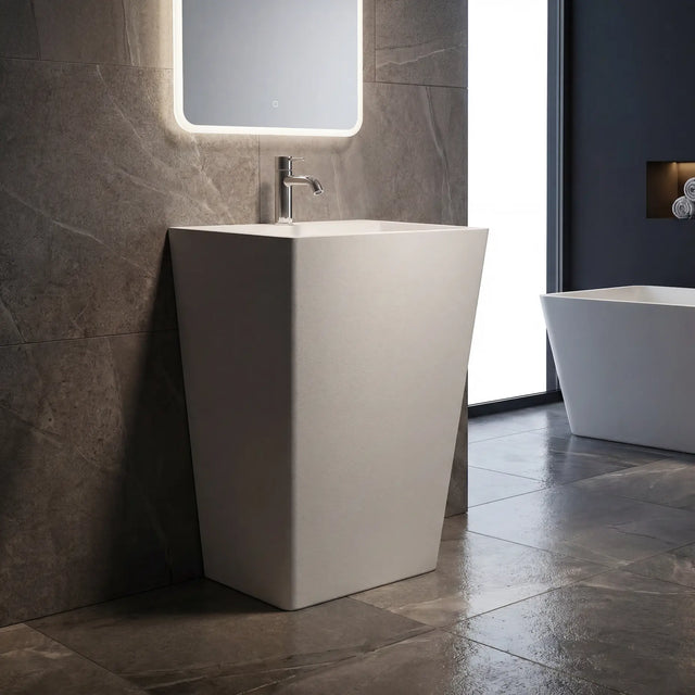 Modern bathroom with a freestanding sink and bathtub.