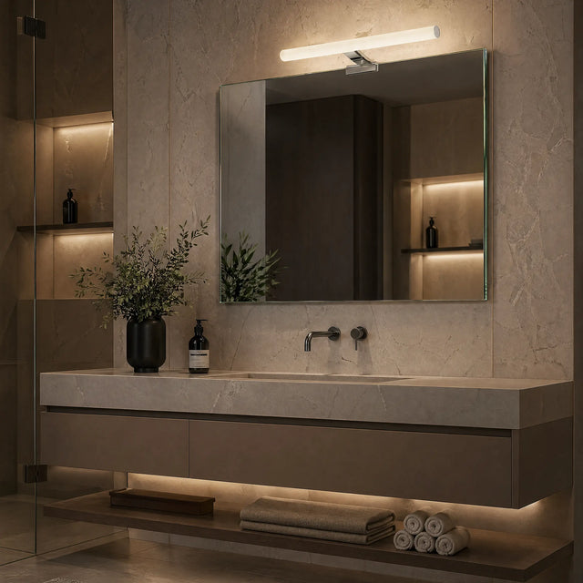 Modern bathroom with a vanity, mirror, and decorative elements.