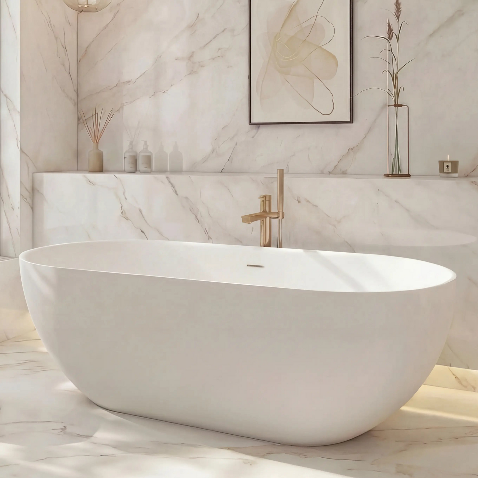Modern bathroom with a freestanding bathtub, marble walls, and a large window.