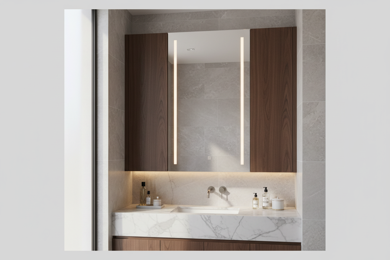 豪華訂製浴室鏡櫃搭配大理石洗手台，展現現代高端家居設計