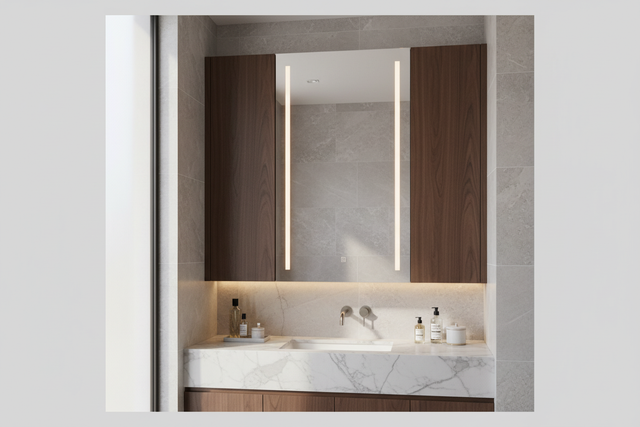 豪華訂製浴室鏡櫃搭配大理石洗手台，展現現代高端家居設計