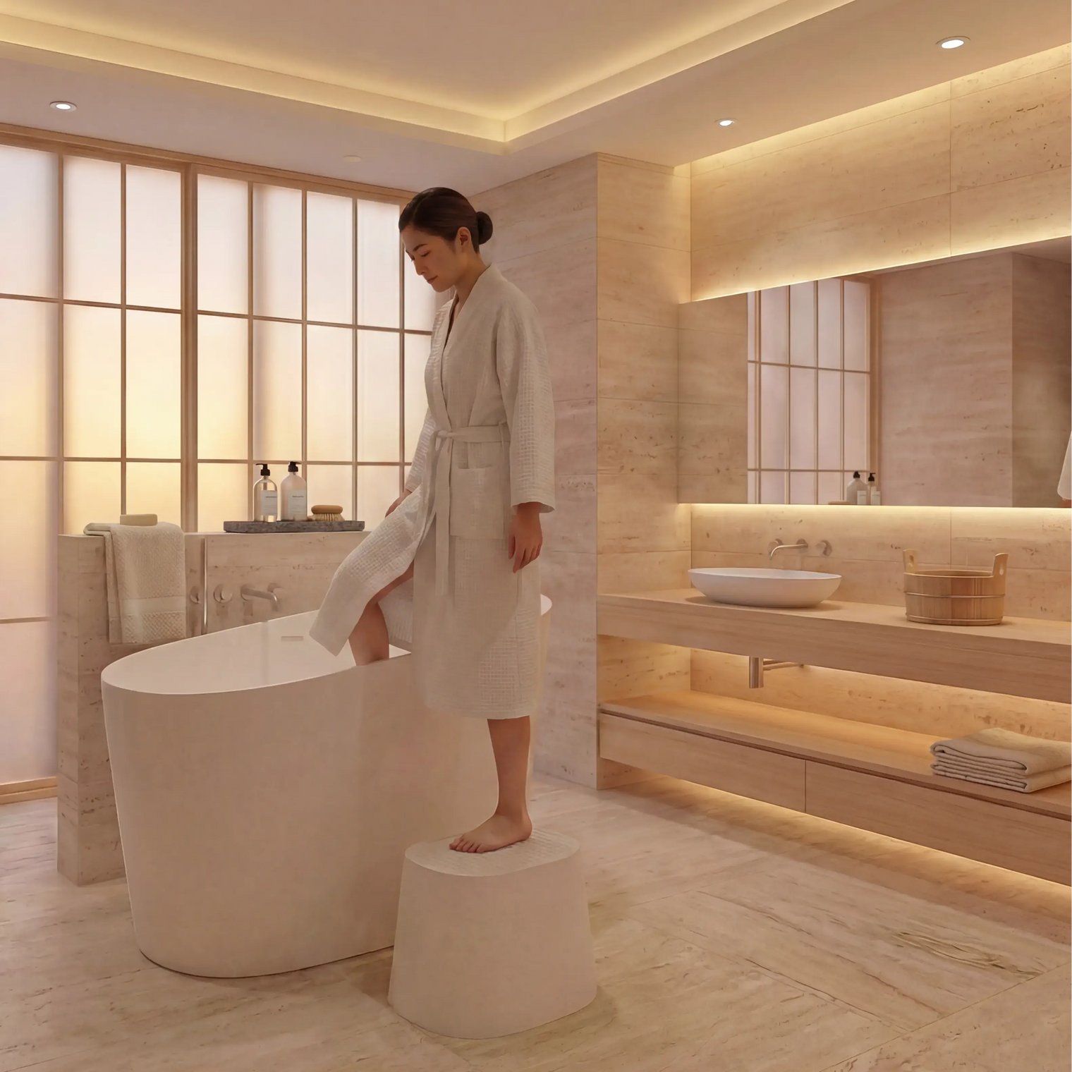 Woman in a robe standing by a freestanding bathtub in a modern bathroom.
