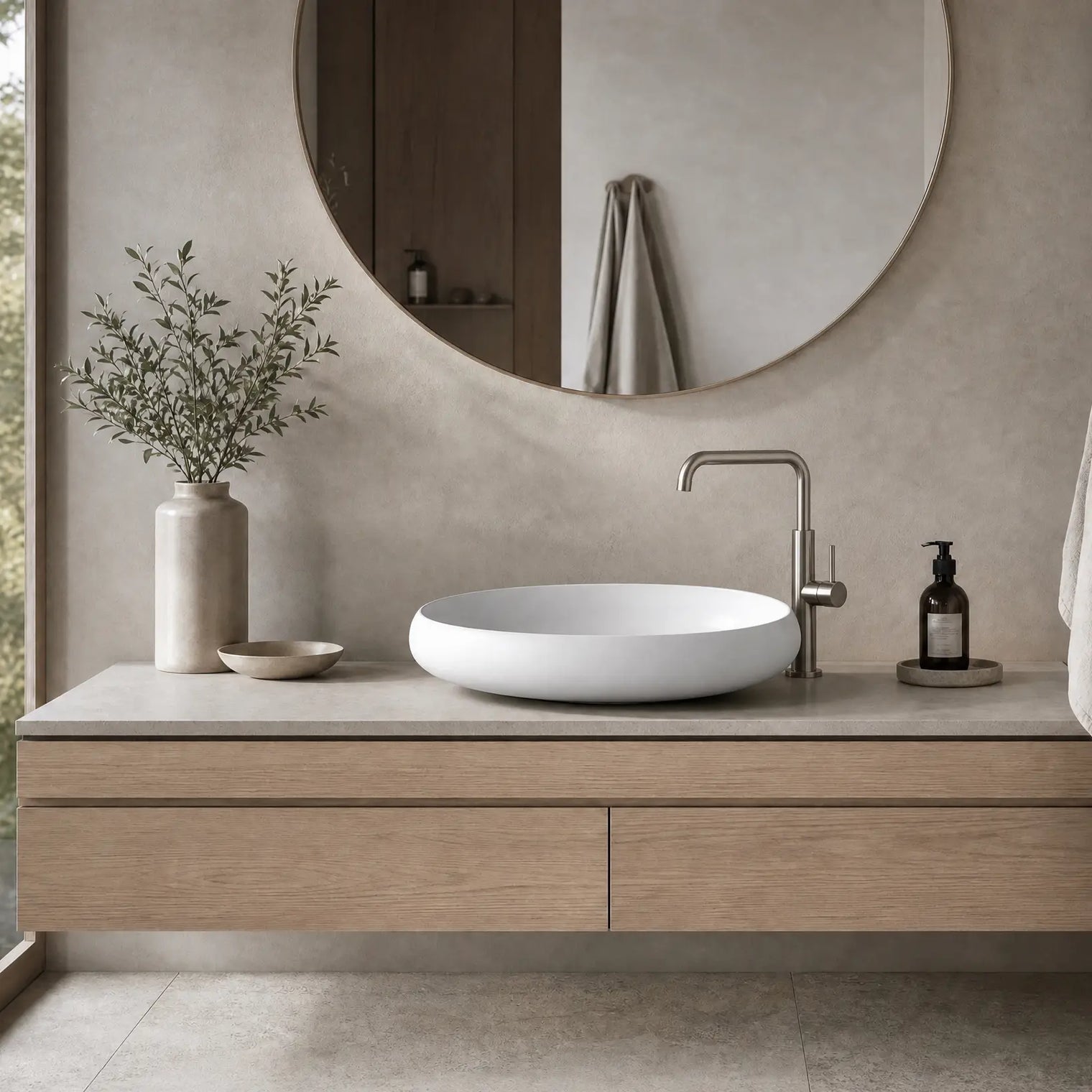 Bathroom vanity with a round mirror, sink, and decorative items.