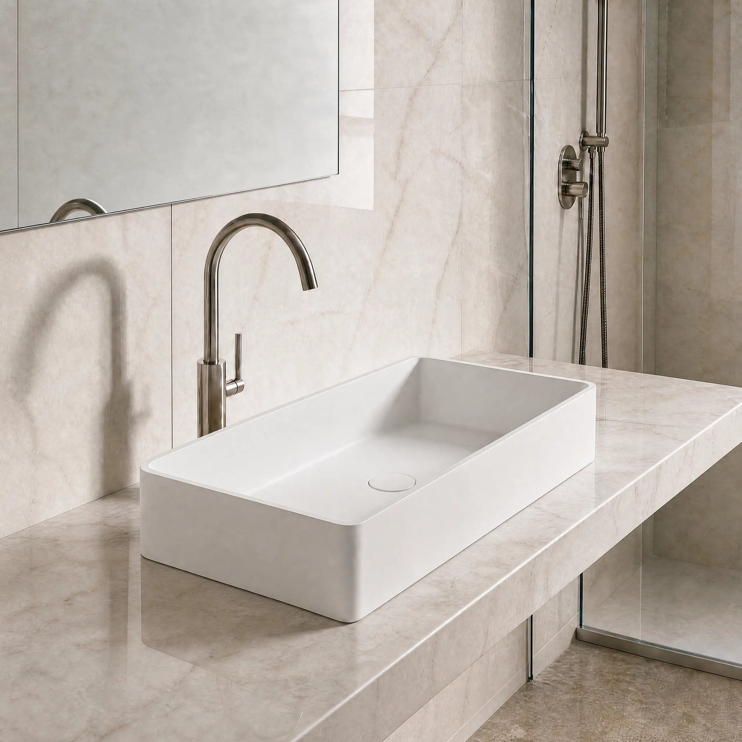 Modern bathroom with a white sink and bronze faucet against a marble wall.
