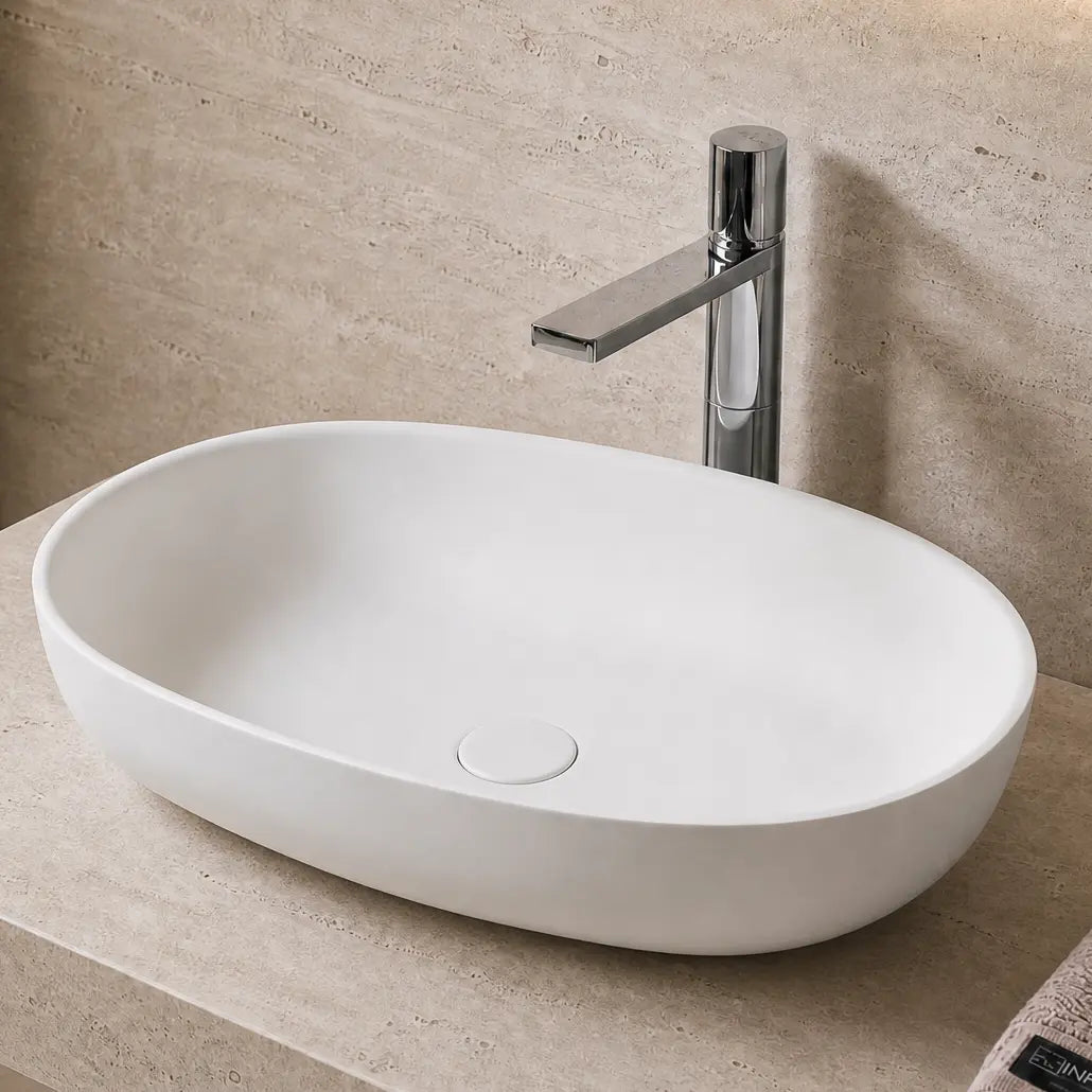 Bathroom Solid Surfaces sink with faucet and towel on a beige countertop
