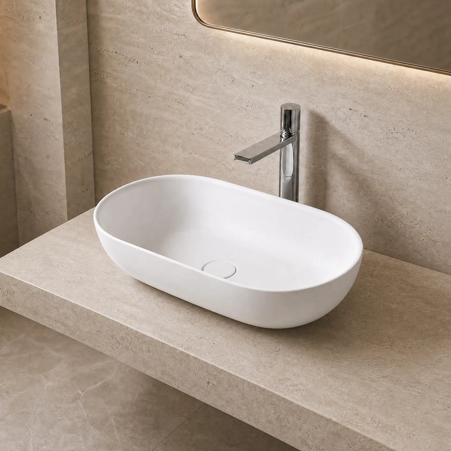 Modern bathroom with a white Solid Surfaces sink on a beige countertop