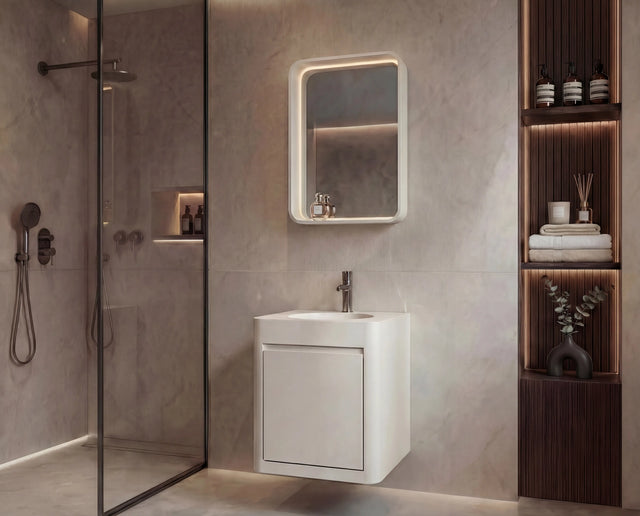 Modern bathroom with a sink, mirror, and shelves.