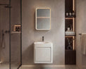 Modern bathroom with a sink, mirror, and shelves.