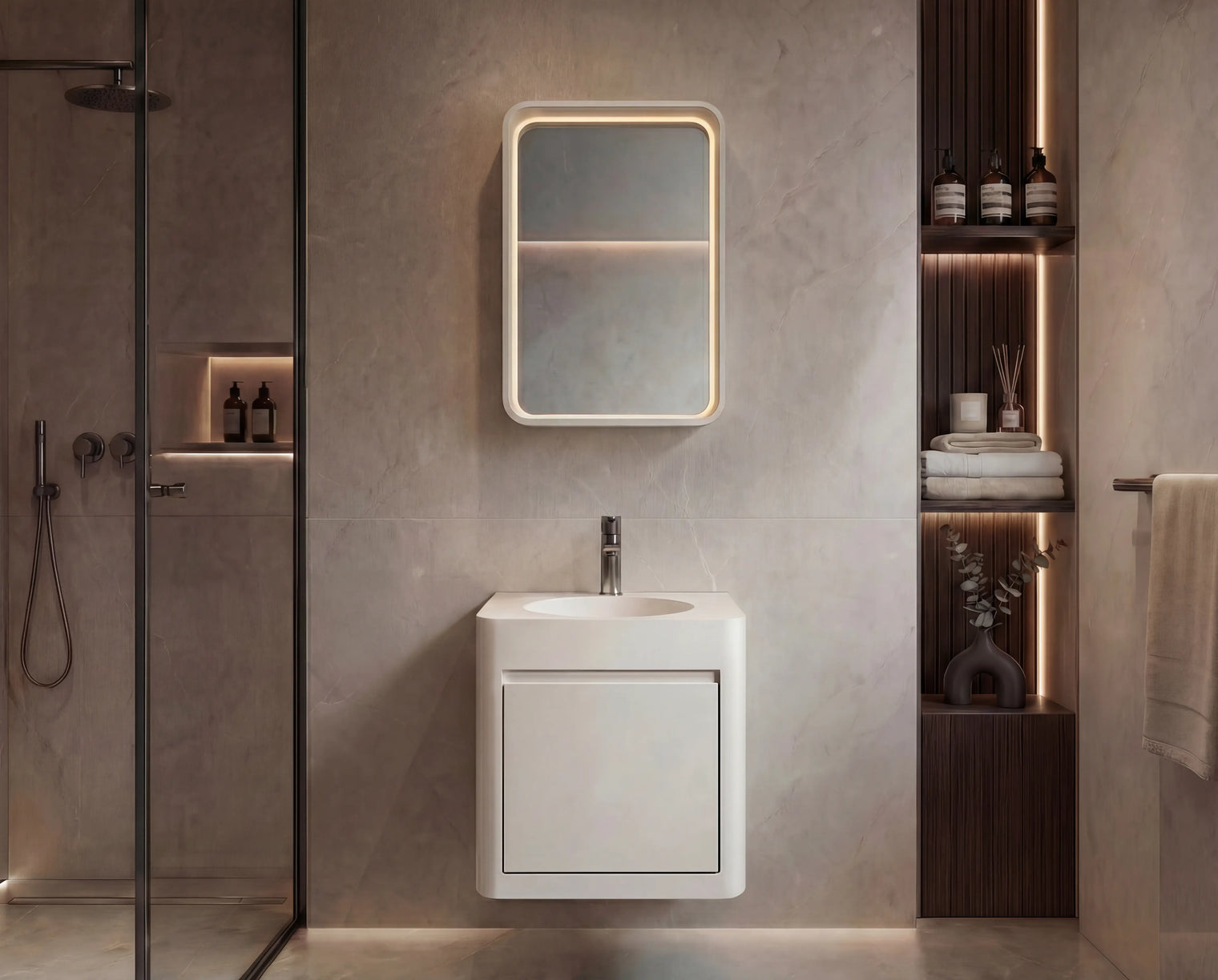 Modern bathroom with a sink, mirror, and shelves.