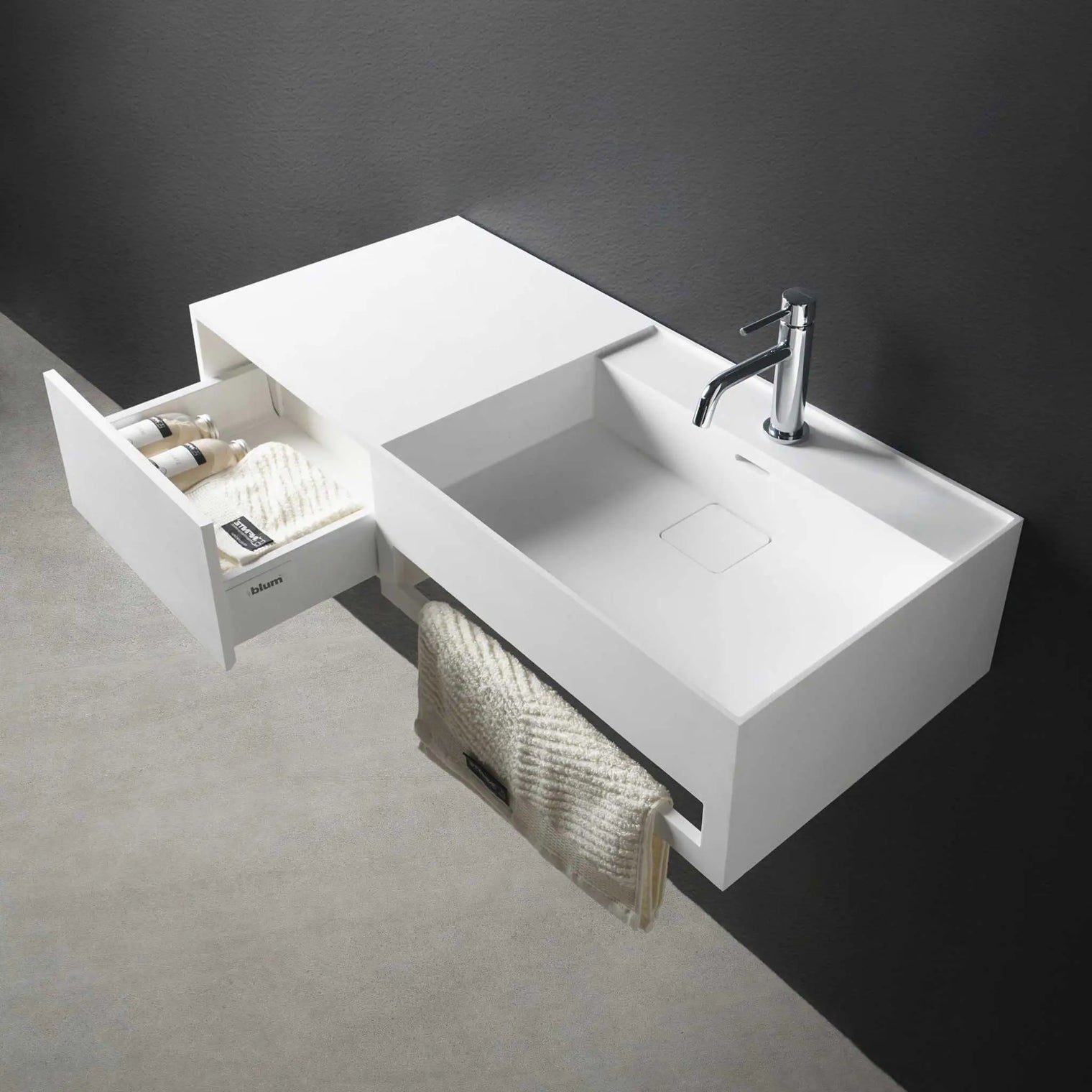 bathroom vanity CUBE-X WM 90R w/Drawer-WALL MOUNT WASHBASINS-訂造一體無縫洗手盆,Tailor made Washbasins,waterbasin hk, 浴室物料,浴室裝修,訂造洗手盆,浴室翻新,Bathroomware ,Bespoke bathroom,浴室配件,訂造浴室潔具,訂造浴室傢俬,香港 浴室設計 公司,best custom bathroom furniture HK, Infinite Bath
